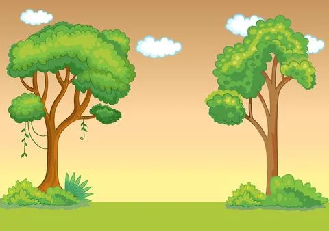 Cartoon background with trees and sunset sky vector illustration Stock Illustration