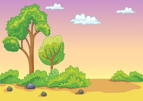 Cartoon background with trees and sunset sky vector illustration Stock Illustration