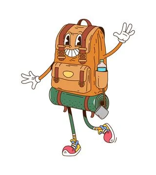 Cartoon backpack retro funky groovy character Stock Illustration