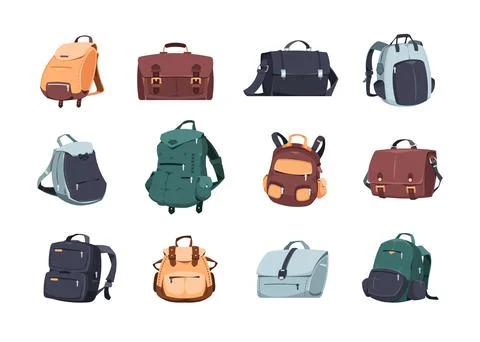 Cartoon backpack. School bags, camera bag and rucksack for laptop, travel and Stock Illustration