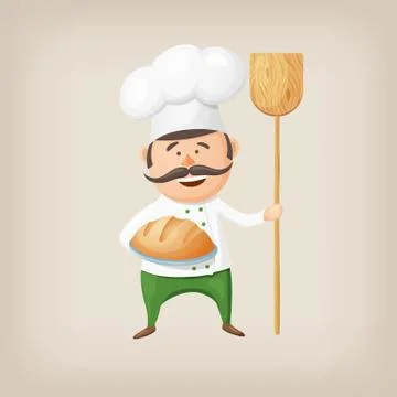 Cartoon baker with fresh bread and a shovel in his hands. Vector illustration Stock Illustration