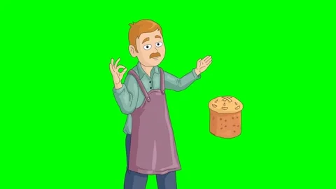 Cartoon Baker Showing Approval Gesture with Easter Cake on Green Background Stock Footage 334998739