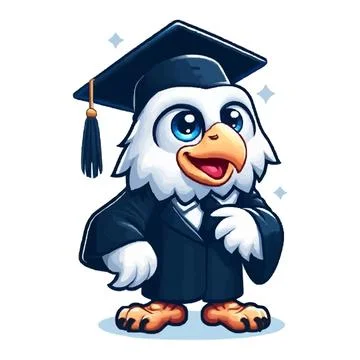 Cartoon bald eagle with blue eyes, dressed in a black graduation gown and cap Stock Illustration