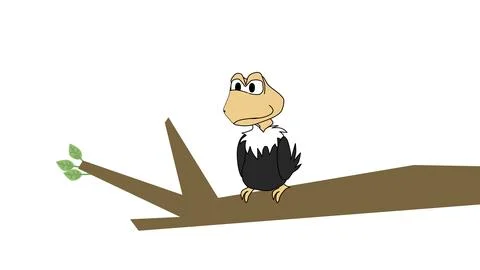Cartoon bald eagle or hawk perched on tree branch holding green leaf Stock Illustration