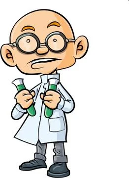 Cartoon bald scientist with two test tubes Stock Illustration