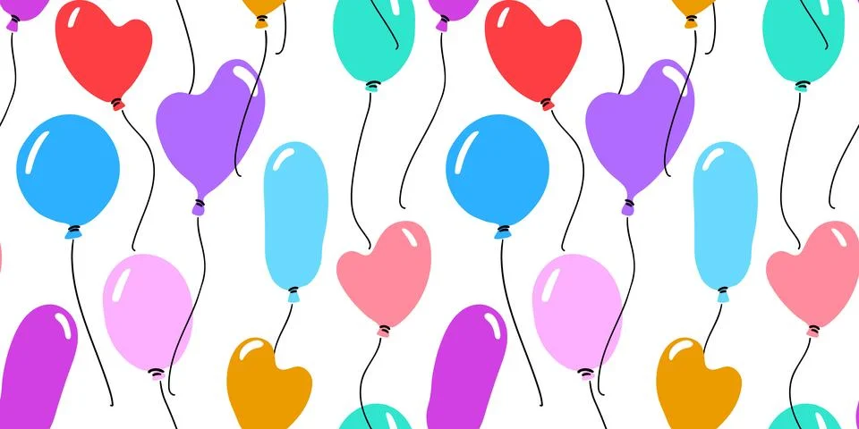 Cartoon balloons seamless pattern. Vector hand drawn illustration. Heart sh.. Stock Illustration