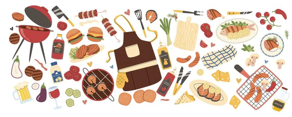 Cartoon Barbecue party elements set: meat, fish, sausages, mushrooms, hamburg Stock Illustration