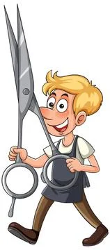 Cartoon Barber Carrying Oversized Scissors Stock Illustration