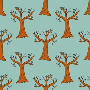 Cartoon bare winter tree in doodle style seamless pattern. Stock Illustration