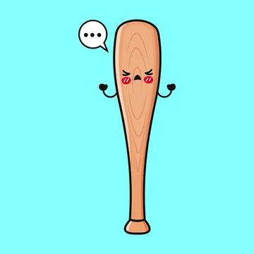 A cartoon baseball bat with an upset expression, speech bubble and a teal bac Stock Illustration