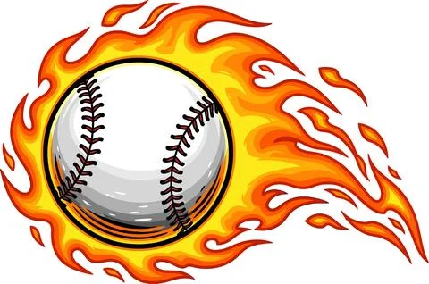Cartoon baseball hurtles forward, engulfed in bright orange and yellow flames Stock Illustration