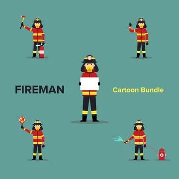 Cartoon Batch of Fireman . Bundle. Set Stock-Illustration