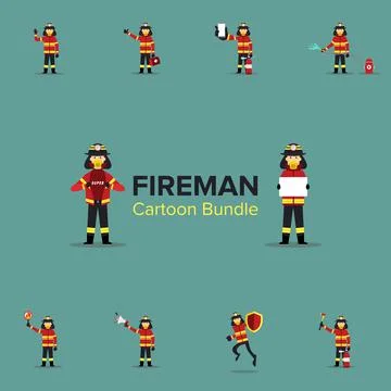 Cartoon Batch of Fireman . Bundle. Set Stock Illustration