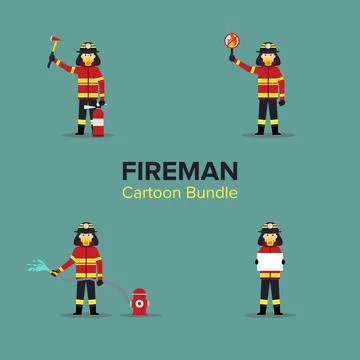 Cartoon Batch of Fireman . Bundle. Set Stock Illustration