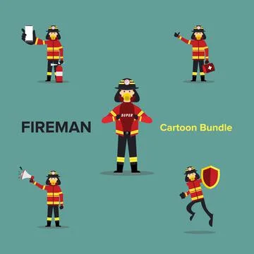 Cartoon Batch of Fireman . Bundle. Set Stock Illustration