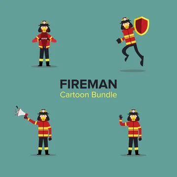 Cartoon Batch of Fireman . Bundle. Set Stock Illustration