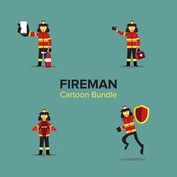 Cartoon Batch of Fireman . Bundle. Set Stock Illustration