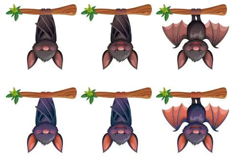 Cartoon Bats Hanging Upside Down on Tree Branches Stock Illustration