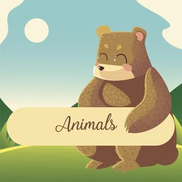 Cartoon bear with animals text sitting in the grass Stock Illustration