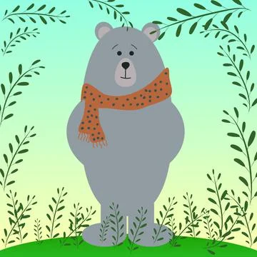 Cartoon bear on a background of leaves. Stock Illustration