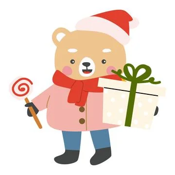 Cartoon bear with candy cane and present. Stock Illustration