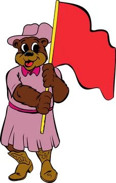 Cartoon Bear Character Waving Red Flag in Pink Dress and Cowboy Boots Stock Illustration