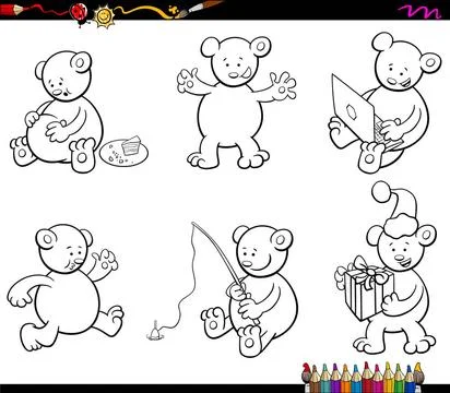 Cartoon bear characters set coloring book Black and White Cartoon Illustra... Stock Photos