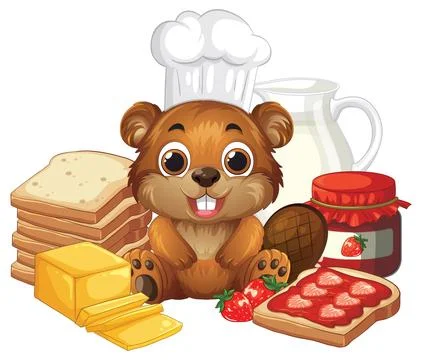 Cartoon Bear Chef with Breakfast Bread Jam and Milk Illustration Stock Illustration