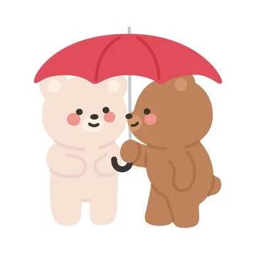 Cartoon Bear Couple Facing Each Other Under a Red Umbrella Stock Illustration