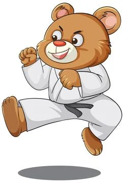 Cartoon Bear Performing Karate Jump Kick in Gi Stock Illustration