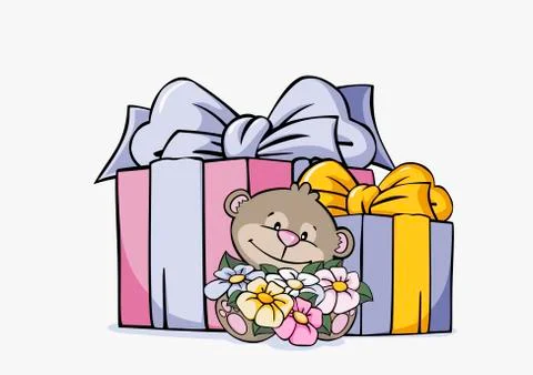 A cartoon bear sitting in front of presents Stock Illustration