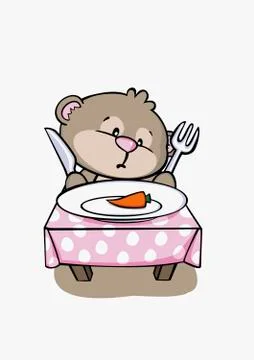 A cartoon bear sitting at a table and eating dinner Stock Illustration