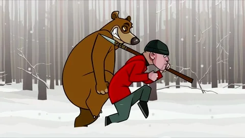 Cartoon bear walks next to a man with a spear in the winter forest Video stock 169852696