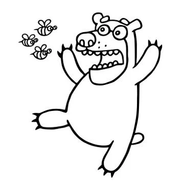 Cartoon bear was afraid of angry bees. Vector illustration. Stock Illustration