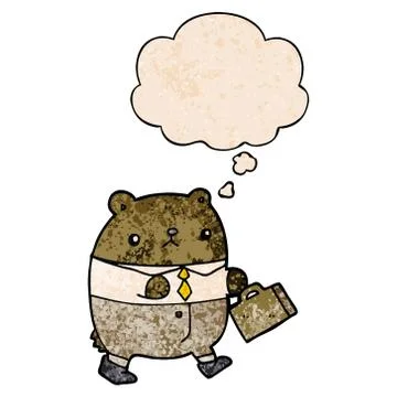 Cartoon bear in work clothes and thought bubble in grunge texture pattern sty Stock Illustration
