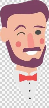 Cartoon bearded bust is winking in flat vector design, with red bow tie on Ilustración de archivo