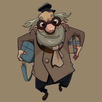 Cartoon bearded elderly man walking holding bag and box under his arms Stock Illustration