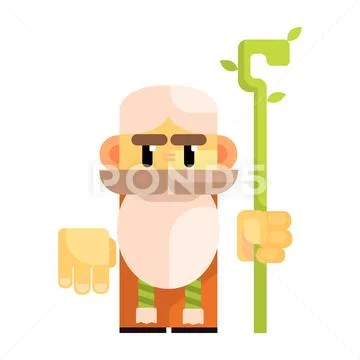 Cartoon bearded gnome with a staff in his hands. Fairy tale, fantastic, magical Stock Illustration