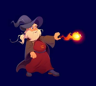 Cartoon bearded magician wizard throws magic spell Ilustração Stock