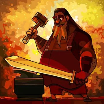 Cartoon bearded man blacksmith forges a sword in a fire forge Stock Illustration