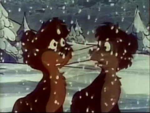 Cartoon of bears looking at each other during snow storm, 1970s Stock Footage 64820355