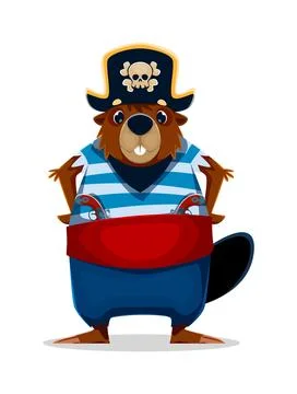 Cartoon beaver animal pirate crew character Stock Illustration
