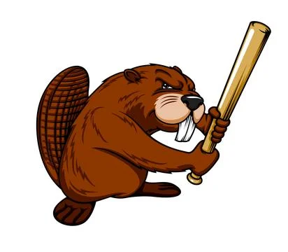 Cartoon beaver baseball player with bat, mascot Illustrazione stock
