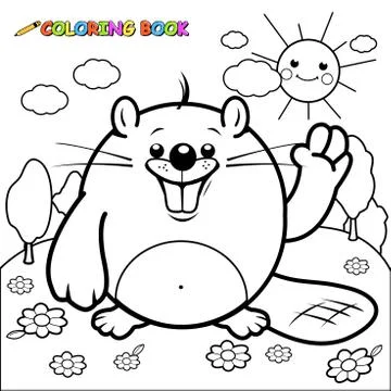 Cartoon beaver character. Vector black and white coloring page Stock Illustration