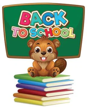 Cartoon Beaver Sitting on Stack of Books with School Chalkboard Stock Illustration