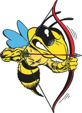 Cartoon Bee Archer Aiming Bow and Arrow with Blue Wings Stock Illustration