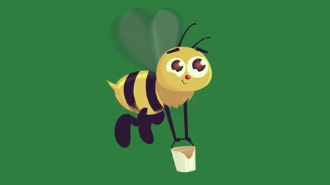 Cartoon bee flying through and standing on top of cup with coffee figure cart... Stock Footage 335979715