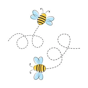 Cartoon bee icon set. Bee flying on a dotted route Stock Illustration