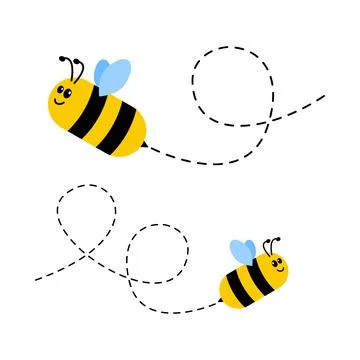 Cartoon bee icon set. Bee flying on a dotted route Stock Illustration