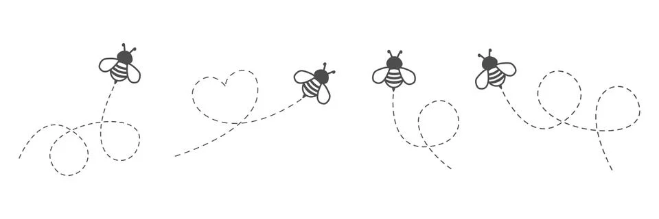 Cartoon bee icon set. Bee flying on a dotted route Stock Illustration